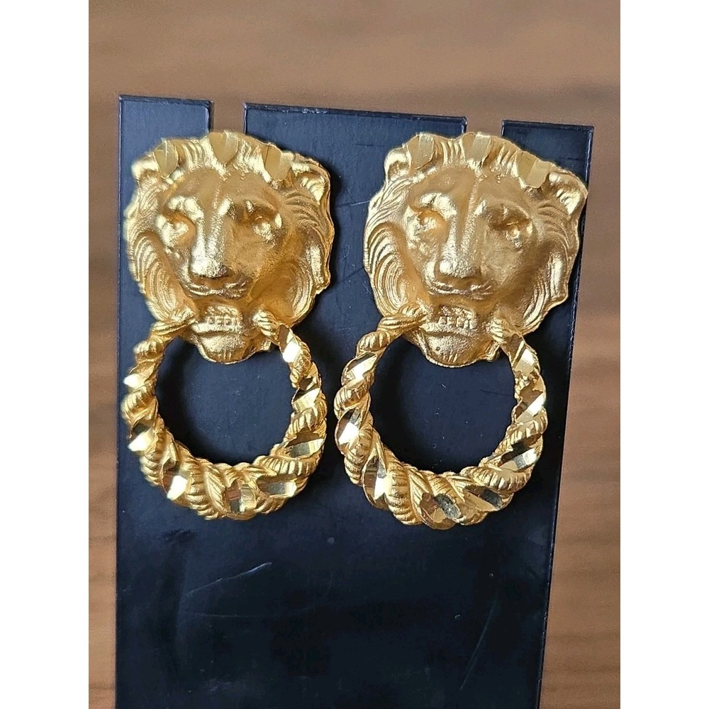 Vintage Gold Tone Lion Door Knocker Post Earrings Chiseled Design Medium Sized
